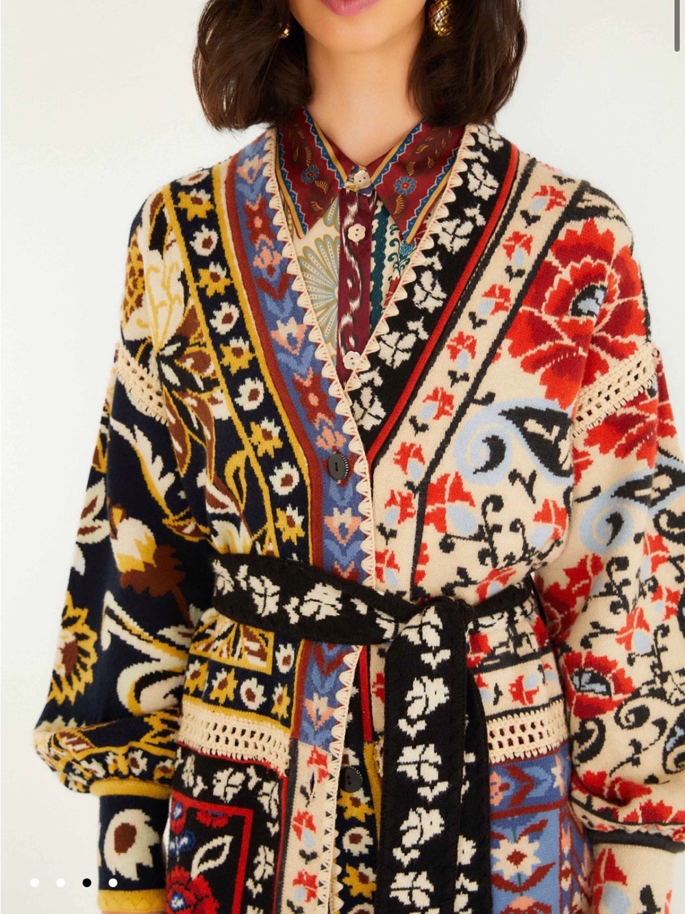 FARM Rio Multicolor Floral Patchwork Knit Belted Cardigan
